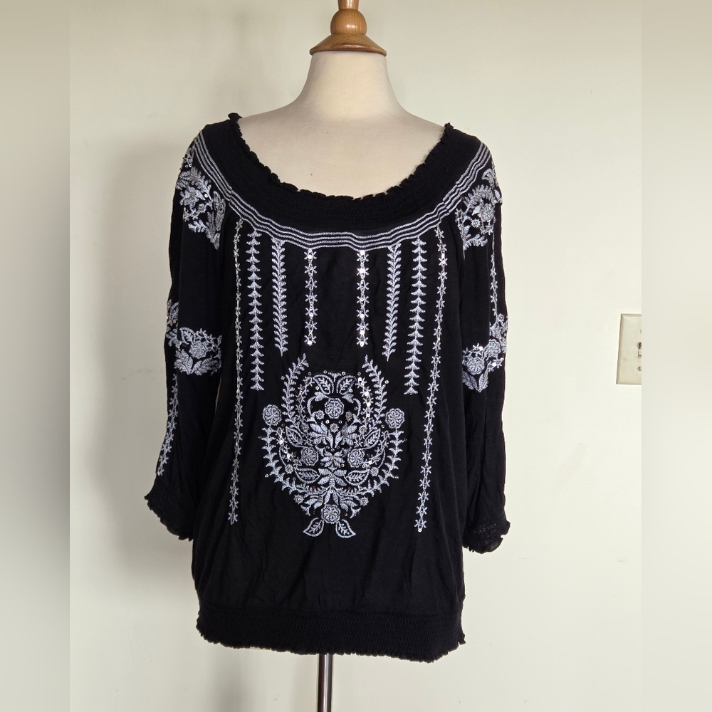 INC Intn'l Concepts Black and White Peasant Blouse With Sequin Details, XL - Picture 1 of 6